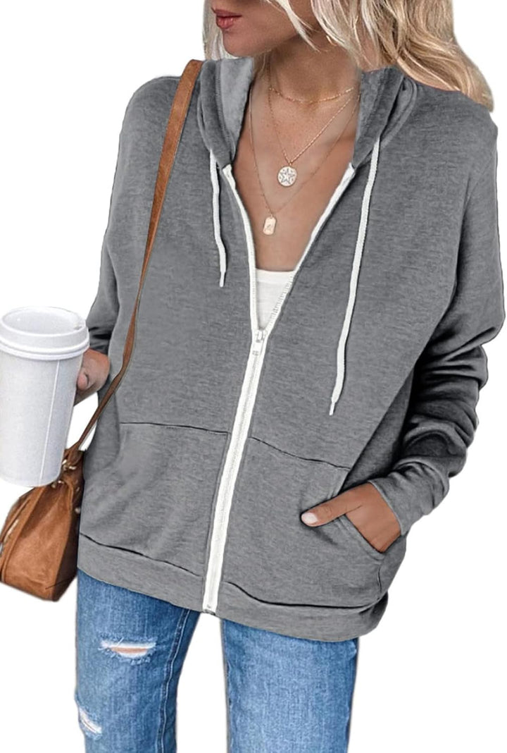 Maavoki Damen Zip Hoodie Langarm Kapuzenpulli Fleece Outwear Jacken Herbst Winter Sweatjacke A-grau