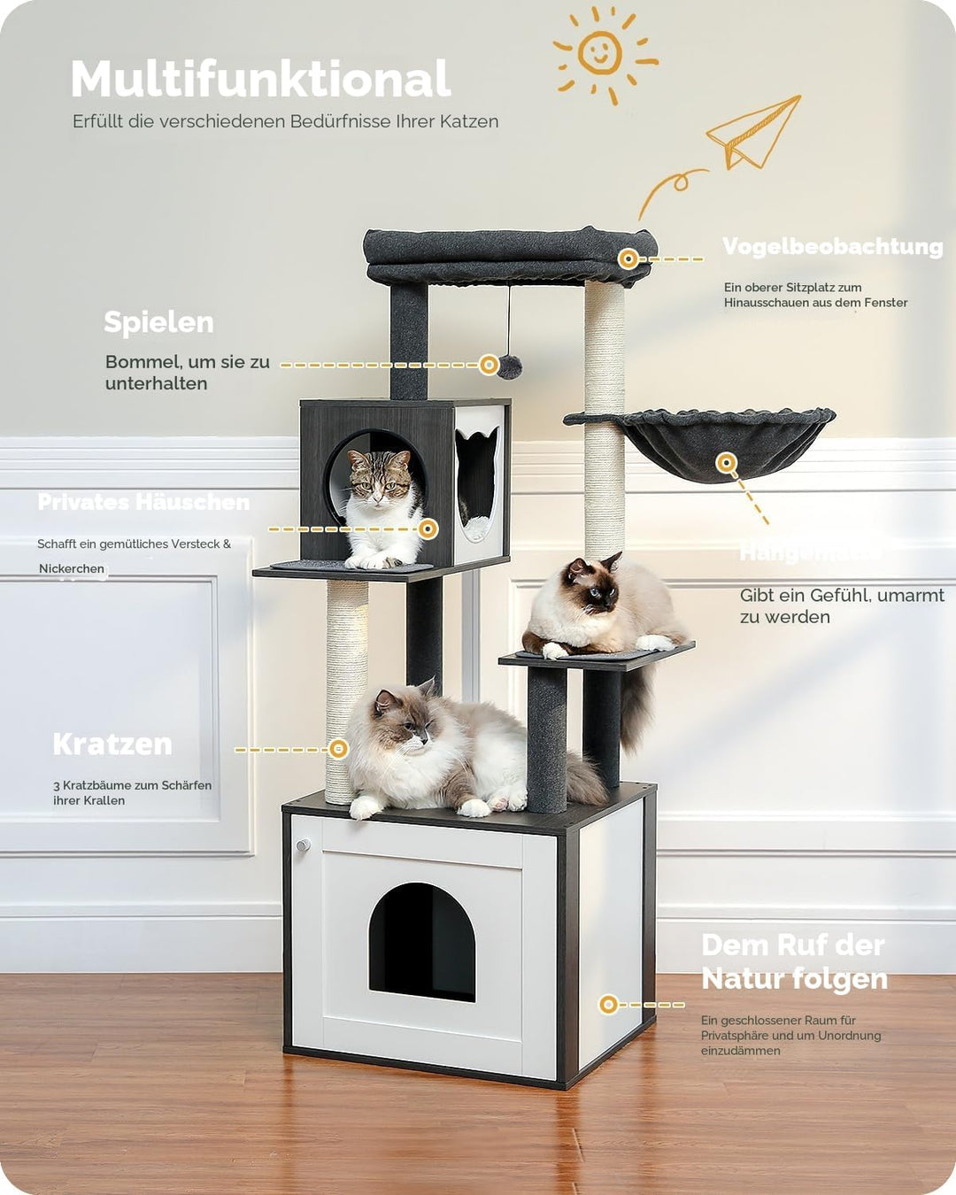 PAWZ Road Moderner Katzenbaum Holz Katzenturm mit Aufbewahrungsschrank Katzentoilette Gehege und ger