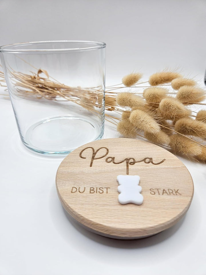 Generisch Personalisiertes Vorratsglas mit Holzdeckel, Papa Du Bist Stark Gravur, 530ml, mit 3D Acry
