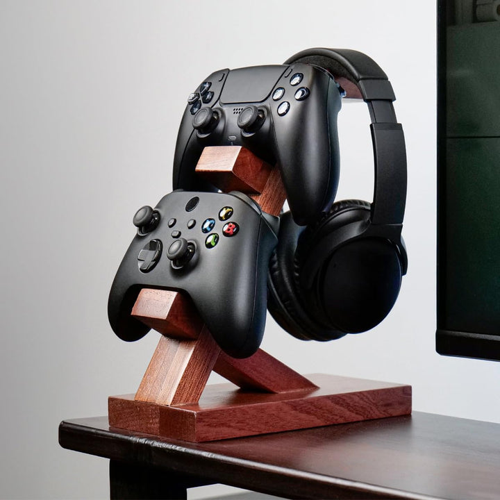 Sarini Dual-Gamepad-Controller und Kopfhörerständer aus massivem Holz, Aufbewahrungsständer für Game