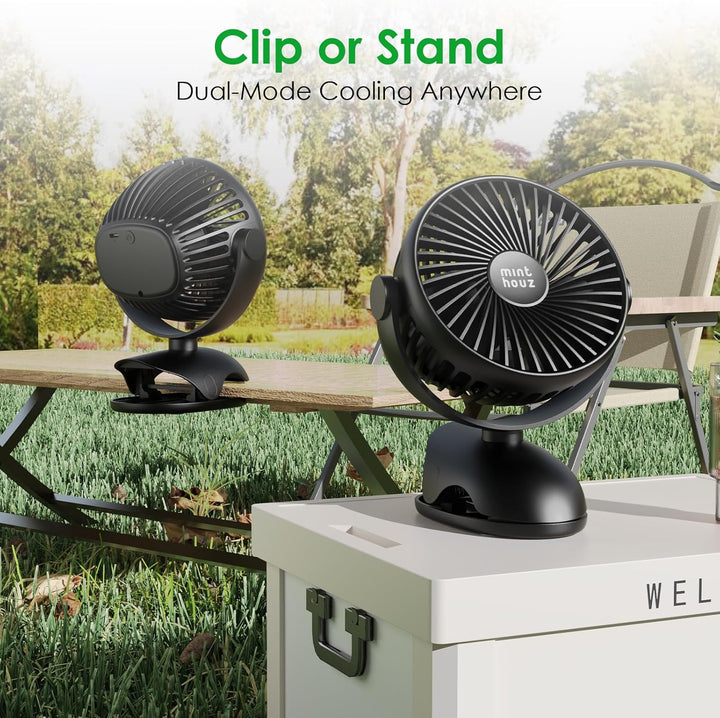 Minthouz USB-Tischventilator mit Clip | 7200mAh Ventilator Akku | 4 Geschwindigkeiten Tragbarer Mini