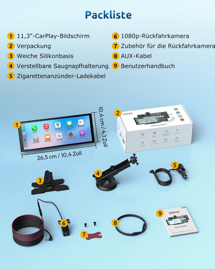 ESSGOO 11 Zoll Kabelloses CarPlay Display mit 4K 360° drehbare Frontkamera 1080P Rückfahrkamera Drah