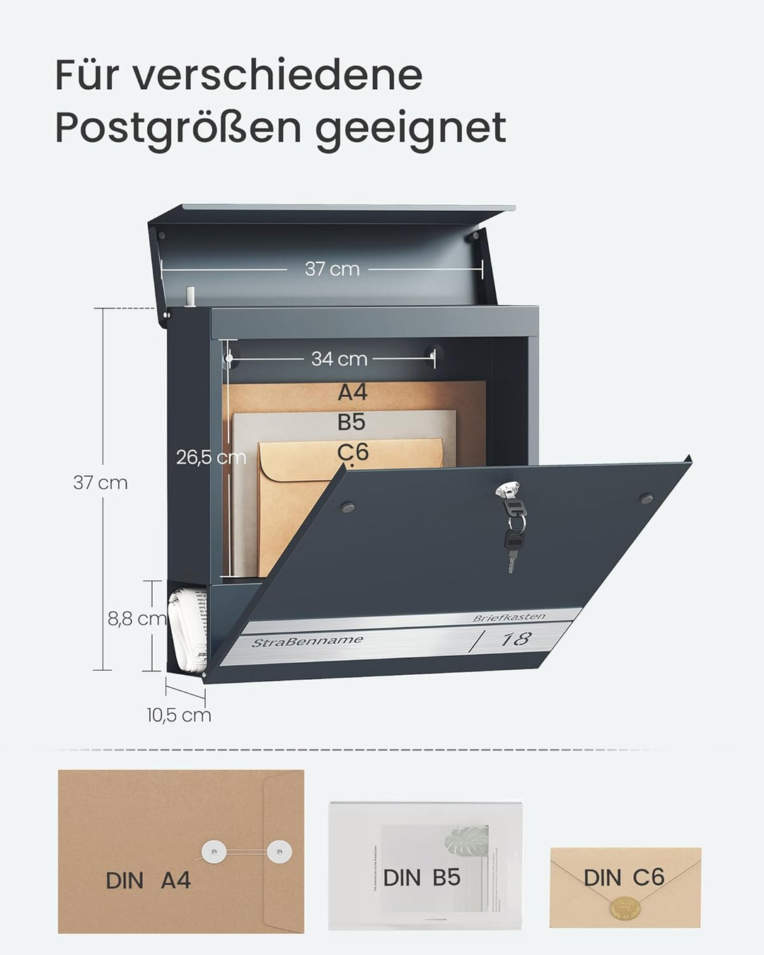 SONGMICS Briefkasten personalisiert, lasergraviertes Namensschild und Hausnummernschild, Postkasten,