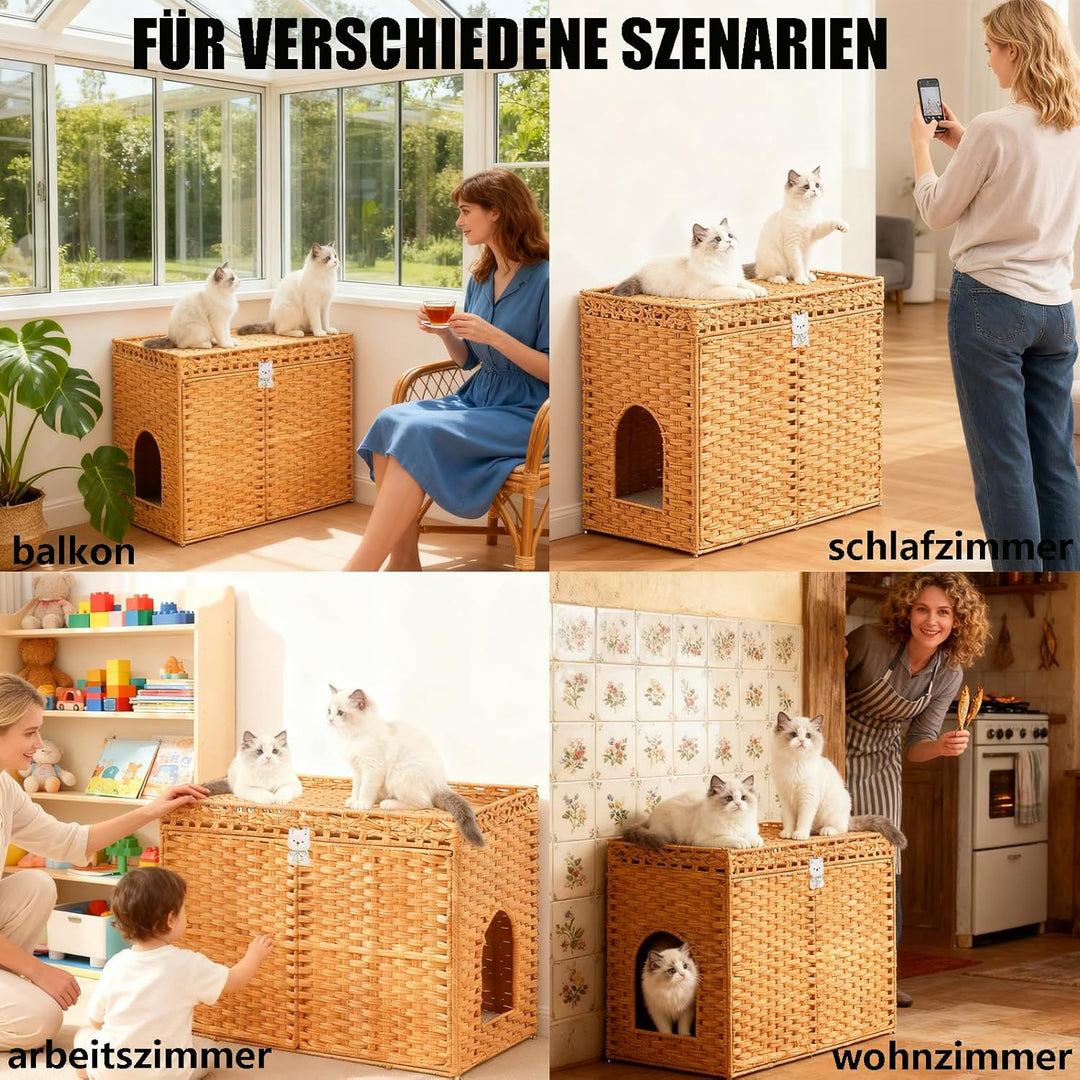 Katzenhaus Katzenschrank für Katzentoilette Versteckte Katzenklo-Möbel, Handgeflochtenes Rattan-Katz