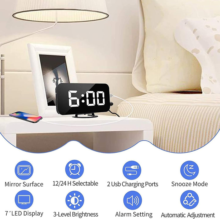 SZELAM Digitaler Wecker, Wecker am Bett, 7-Zoll-LED-Spiegelwecker, mit 2 USB-Ladeanschlüssen, Schlum