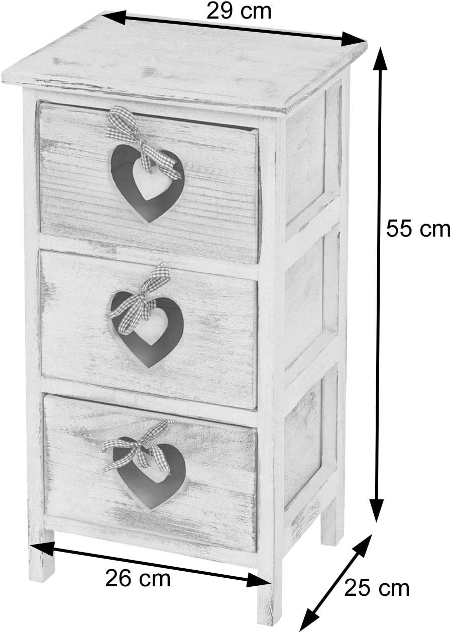 Mendler Kommode Forli, Schubladenkommode Schrank, 3 Schubladen mit Herzen 55x29x25cm, Shabby-Look, V