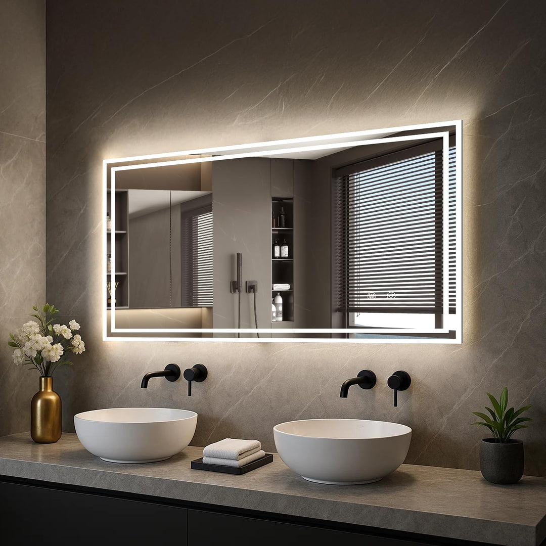 Trintion LED Badspiegel 100x60cm mit Beleuchtung, Touch-Schalter &amp; Beschlagfrei-Funktion, 3 Lichtfar