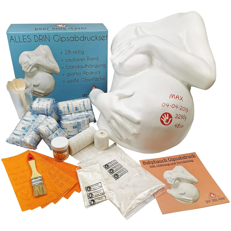 ALLES DRIN | Gipsabdruck Babybauch Set inkl. Glättung & Veredelung | 1A Geschenke für werdende Mütte