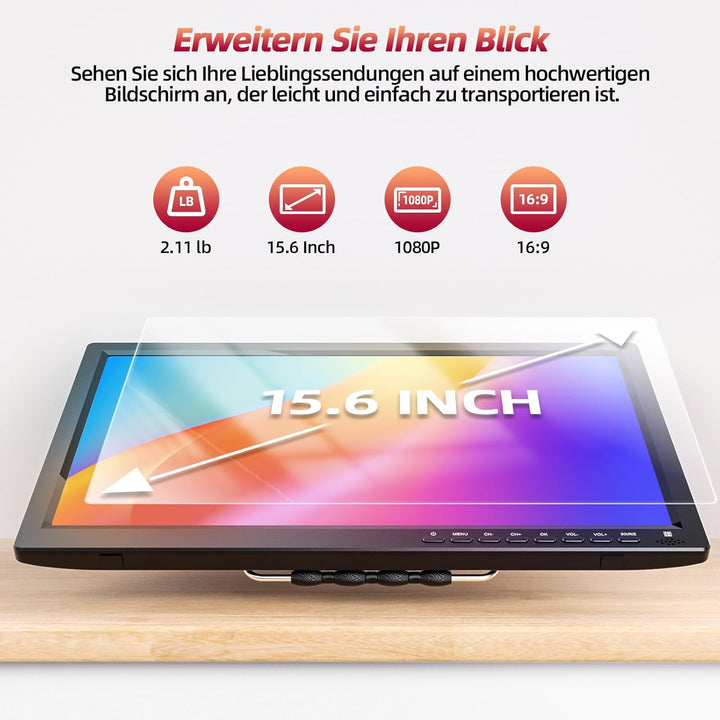 DESOBRY Tragbare Fernseher 15,6 Zoll 1080P Auflösung, Kleiner Fernseher-Unterstützung USB HDMI AV-Ei