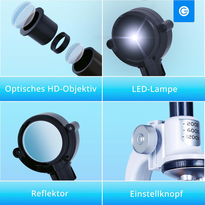 Silvergear® Mikroskop für Kinder | Mikroskop Set Erwachsene & Anfanger | mit 200x, 600x und 1200x Ve