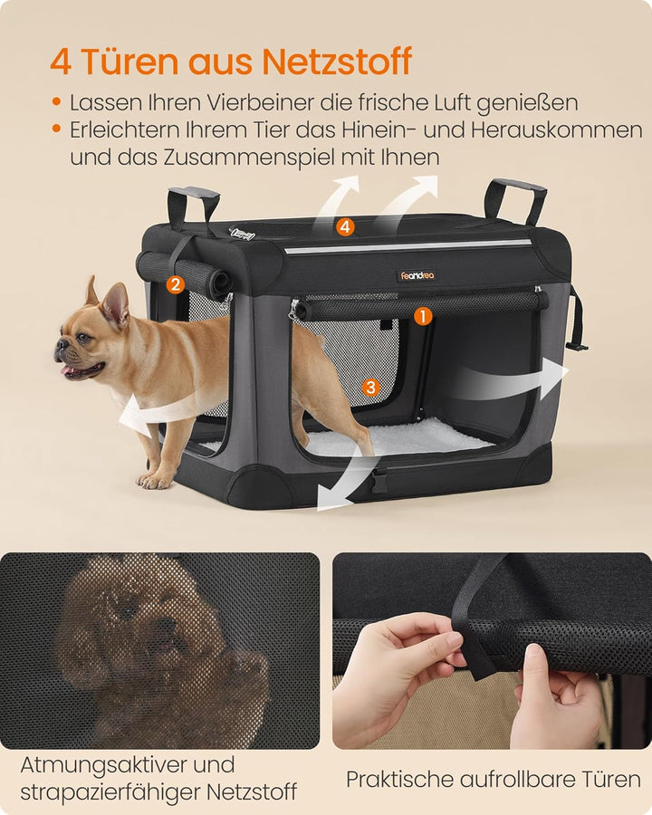 Feandrea Hundebox faltbar, 60 cm Transportbox für kleine Hunde, Hundetasche, Oxford-Gewebe, mit 4 Tü