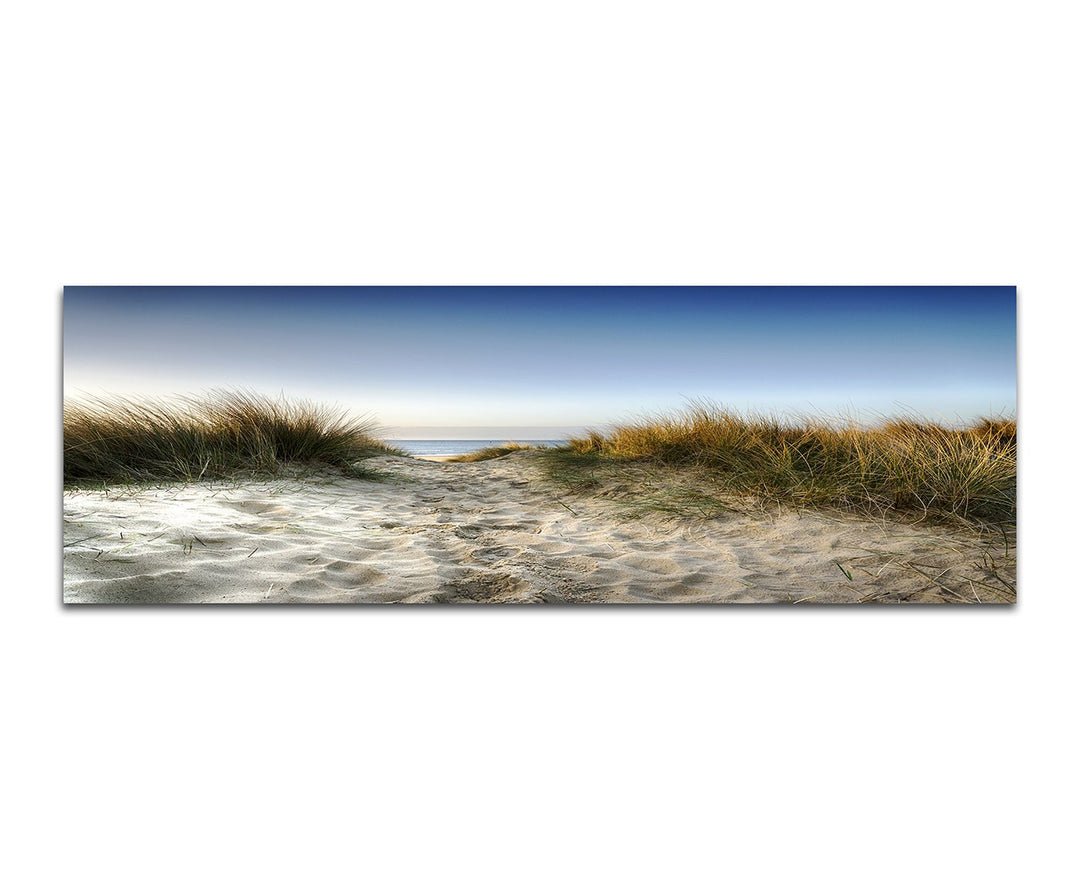 Paul Sinus Art Panoramabild auf Leinwand und Keilrahmen 150x50cm Sanddüne Gräser Meerblick Himmel