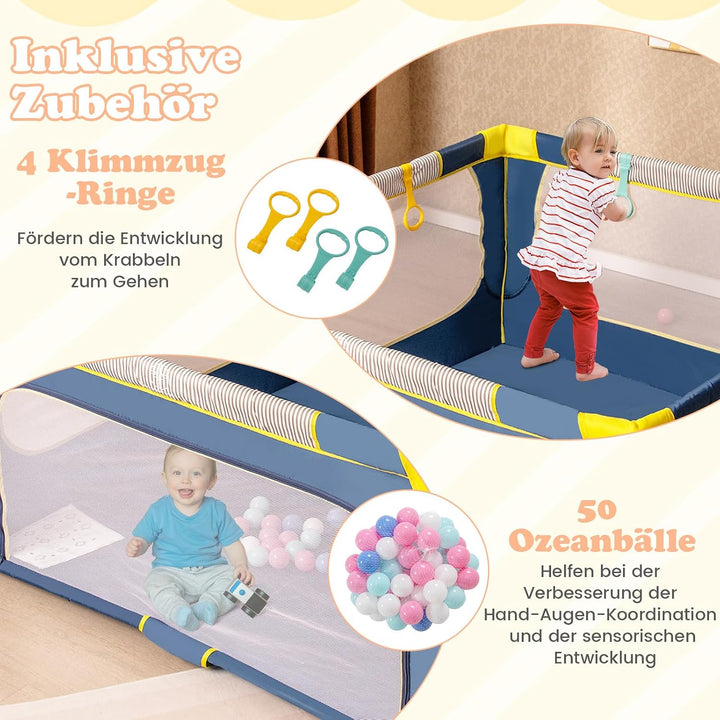 GOPLUS 150 x 150cm Laufstall Babys, Laufgitter tragbar mit 50 bunten Bällen, 4 Griffen &amp; Tragetasche