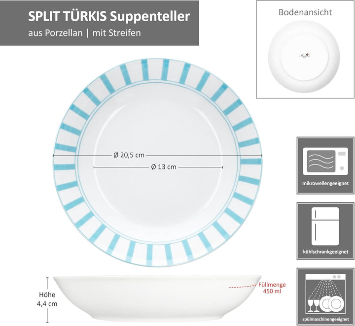 MamboCat Split türkis 6er Set Suppenteller I 450ml I weisses Porzellan-Geschirr mit Streifen für 6 P
