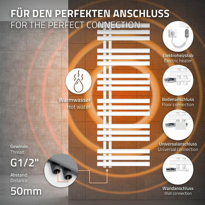 ECD Germany Iron EM Design Badheizkörper Elektrisch mit Heizstab 1200 W - 500 x 1400 mm - Weiss - De