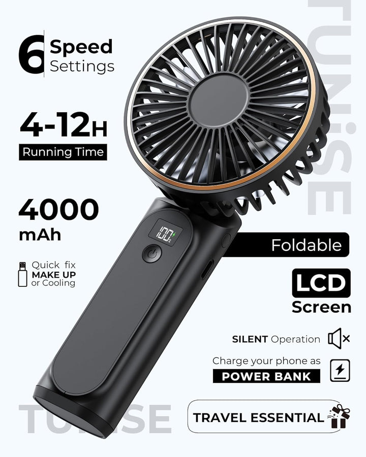 Tragbarer Mini-Ventilator Mit 4000mAh LED-Display, 180° Verstellbar und Wiederaufladbar - 6 Geschwin