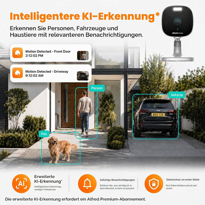 AlfredCam Plus 2 Überwachungskamera Aussen, 2.5K 4MP, Farb-Nachtsicht, LED-Scheinwerfer, IP65 wetter