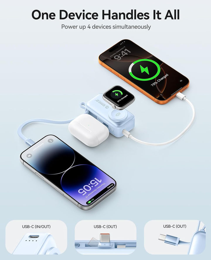 ORICO Mini Powerbank 5000mAh, PD 22,5W Externe Handyakkus mit Klappbarem USB-C Stecker & USB-C Kabel