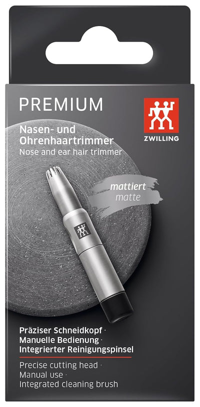 ZWILLING Trimmer für Nasen- und Ohrenhaare, Qualitäts in Reisegrösse, Mattiert, Premium, Silber