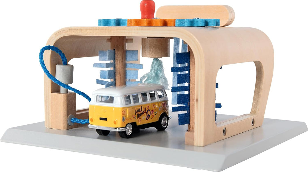 goki 53779 Waschanlage PowerClean, Autowaschanlage aus Holz – Spielset mit Bürsten, Filzvorhängen &
