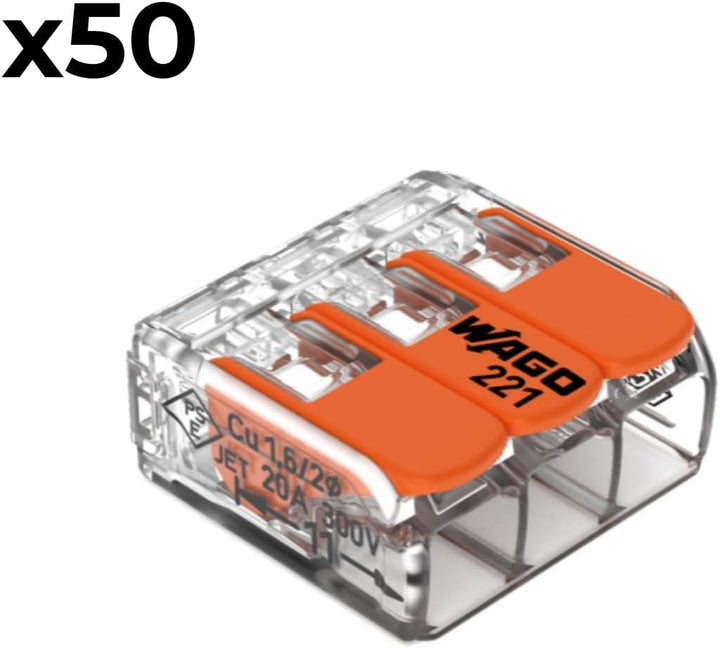 Wago, 3-Wege-Hebelklemme Serie 221, 50er-Box, kompatibel mit starren, halbstarren und flexiblen Dräh