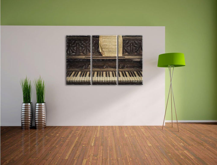 Pixxprint Antikes Klavier mit Notenblatt Bunstift Effekt 3-Teiler Leinwandbild 120x80 Bild auf Leinw