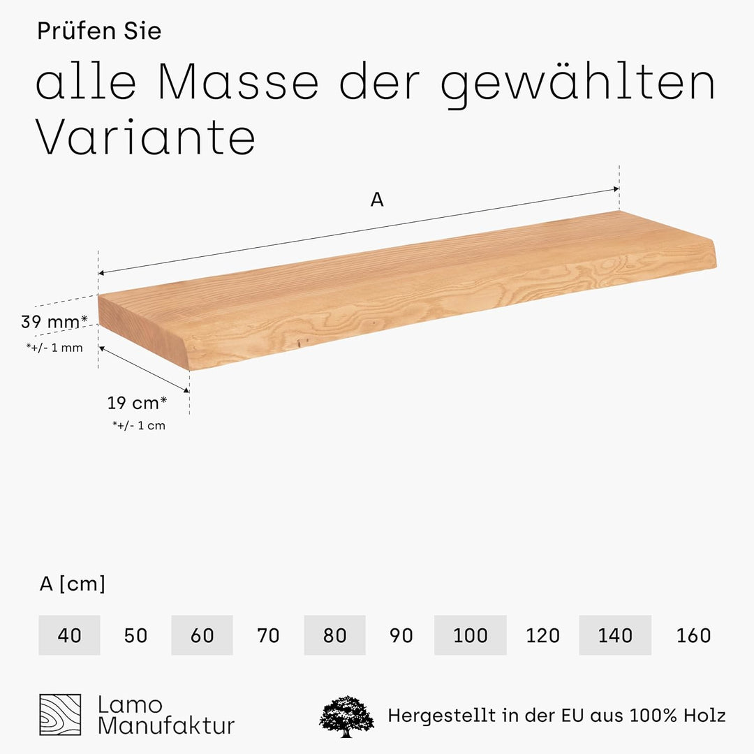 LAMO Manufaktur Wandregal Holz Baumkante | Regal Farbe: Natur | Pure: ohne Montage Set | 120 cm Pure