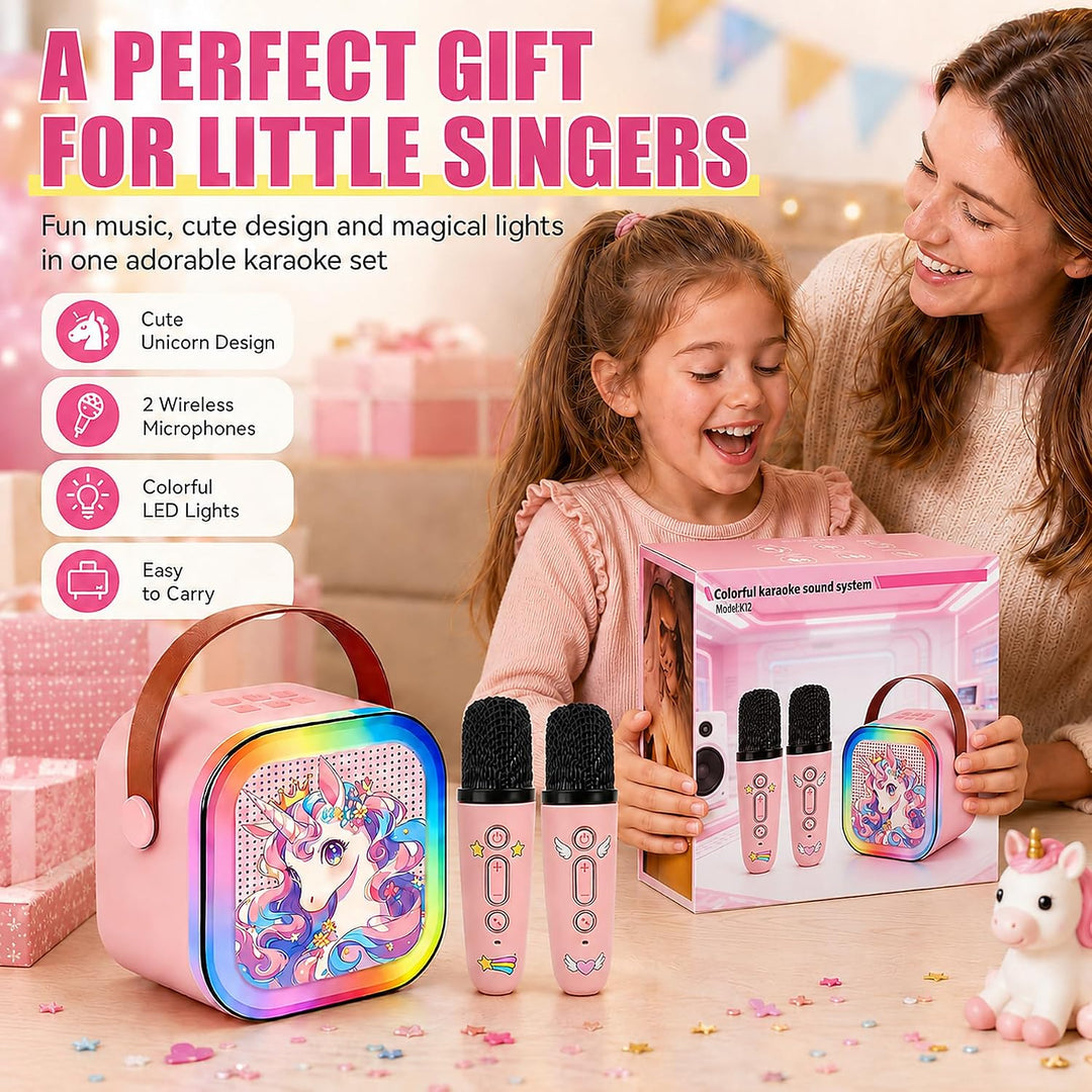 Karaoke Maschine Kinder Mit 2 Mikrofonen, Tragbarer Wiederaufladbar Bluetooth, Bunte LED Lichter, AU
