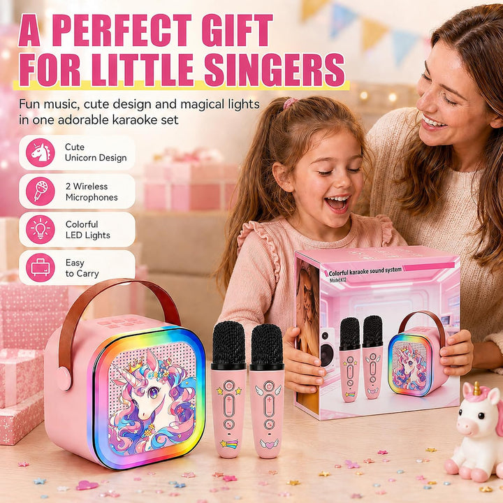 Karaoke Maschine Kinder Mit 2 Mikrofonen, Tragbarer Wiederaufladbar Bluetooth, Bunte LED Lichter, AU