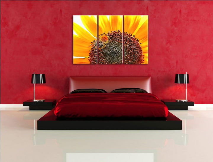 Biene auf Sonnenblume NewArt 3-Teiler Leinwandbild 120x80 Bild auf Leinwand, XXL riesige Bilder fert