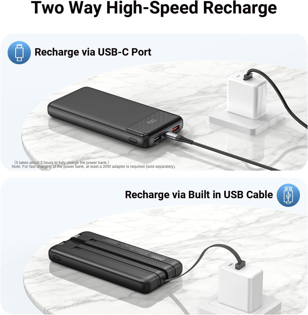 Powerbank 20000 mAh mit Integrierten 3 Kabeln, 22,5 W Schnellladung Power Bank Tragbares Ladegerät P