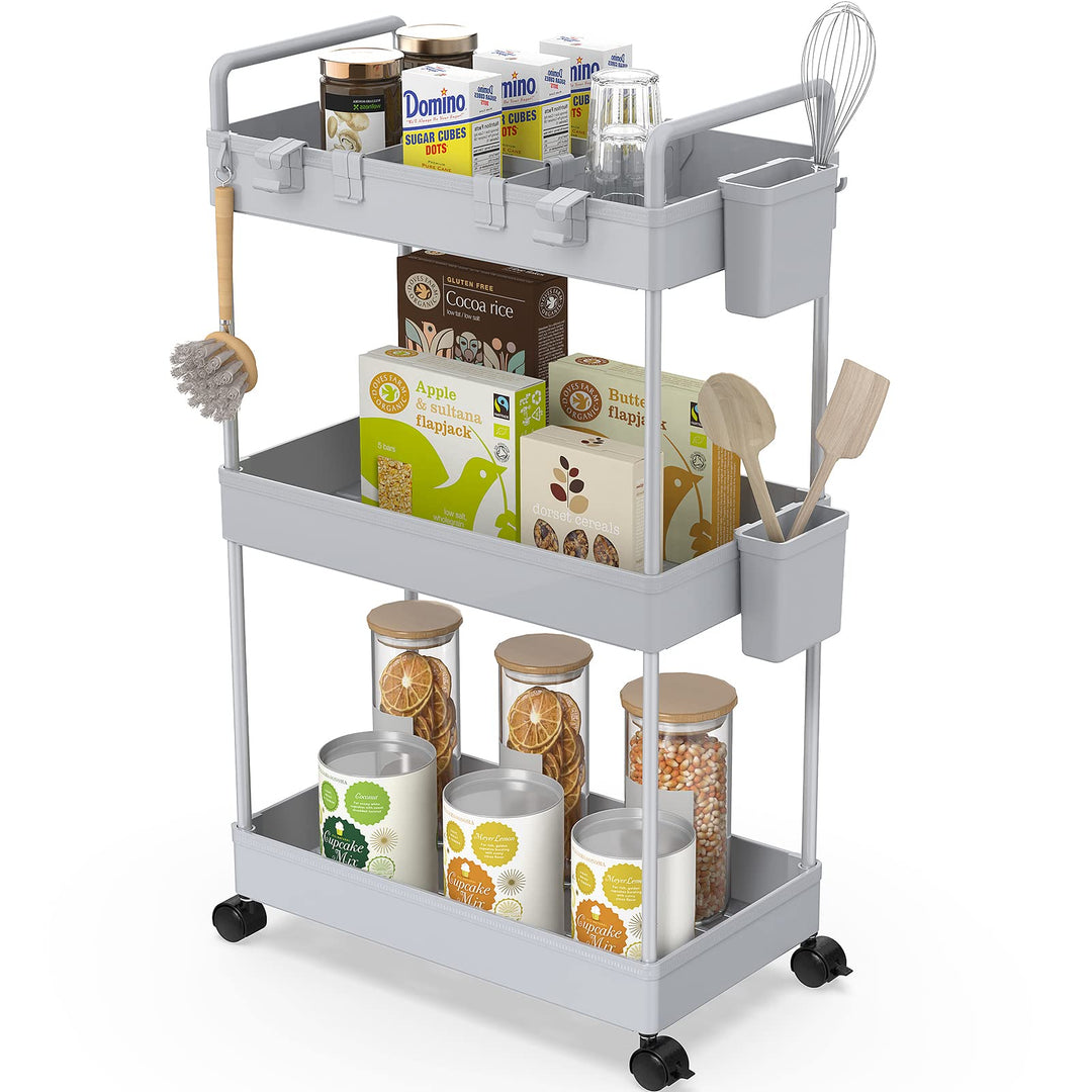 Ronlap Rollwagen Küchewagen mit 3 Ebenen, Servierwagen mit Aufhängebecher, Separator, Haken, Regal a