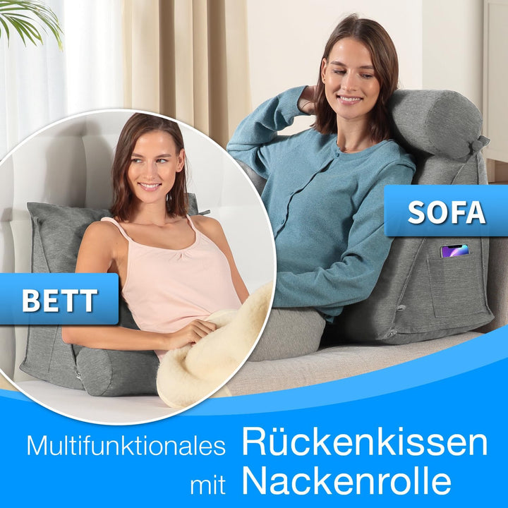 maxVitalis Rückenkissen Bett/Sofa mit Abnehmbarer Nackenrolle und Seitentasche, Rückenstützkissen mi