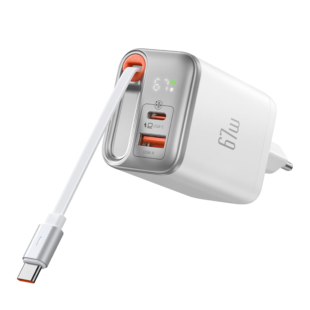 Mcdodo 67W USB C Ladegerät mit Einziehbarem Kabel Netzteil USB C GaN Schnellladegerät 3-Port 67W GaN