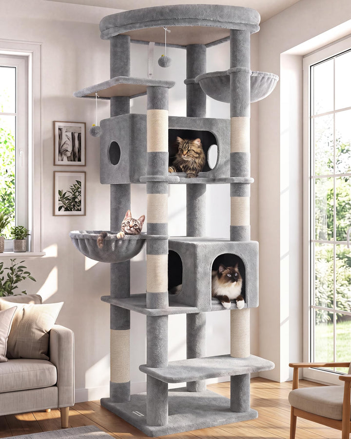 Globlazer Kratzbaum Grosse hoch 188 cm mit 2 Grosser Katzenhaus, Gepolsterte Plattform, 2 Katzenkorb