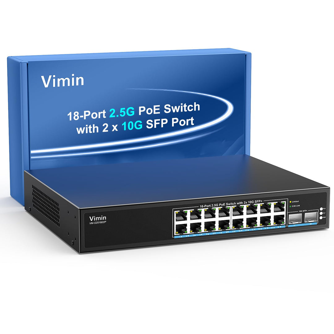 16 Port 2.5G PoE Switch Unmanaged mit 2X 10Gbps SFP, VIMIN 16x 2.5G Base-T PoE Ports, 10G SFP PoE Sw