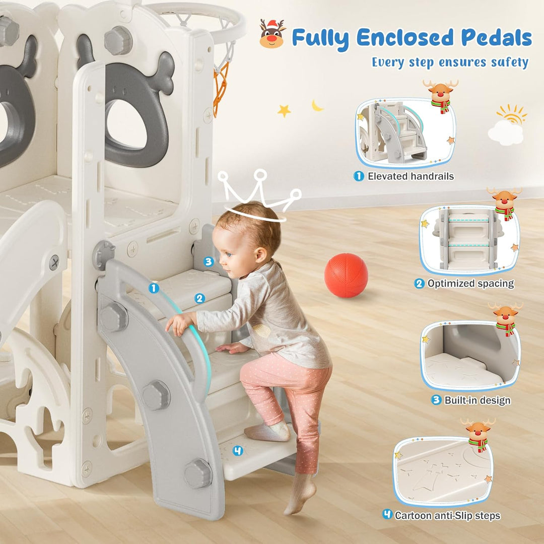Krovtoy 6-in-1-Kleinkindrutsche, Kleinkindrutsche mit Weihnachtselchmotiv und Schaukelset, Babyrutsc