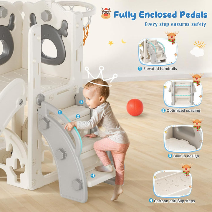 Krovtoy 6-in-1-Kleinkindrutsche, Kleinkindrutsche mit Weihnachtselchmotiv und Schaukelset, Babyrutsc