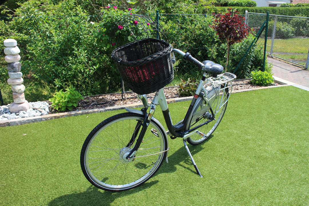 Hundefahrradkorb für Fahradlenker aus Weide in Schwarz mit Metallgitter und Kissen Verschiedene Grös