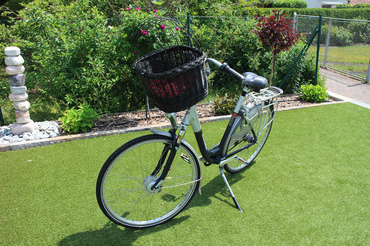 Hundefahrradkorb für Fahradlenker aus Weide in Schwarz mit Metallgitter und Kissen Verschiedene Grös