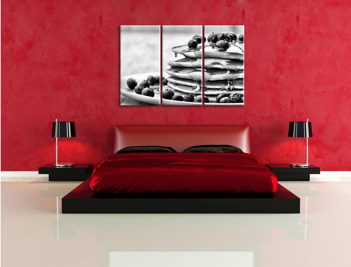Pixxprint Pancakes mit Sirup und Blaubeeren als Leinwandbild/Grösse: 3 Teilig (120x80) cm/Wandbild/K