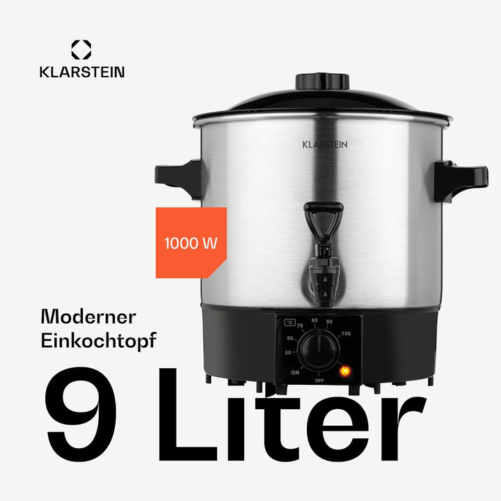 Klarstein Biggie Eco Einkochautomat & Getränkespender, 1000W, 30-100 °C, 9 Liter Nutzvolumen, Zapfha