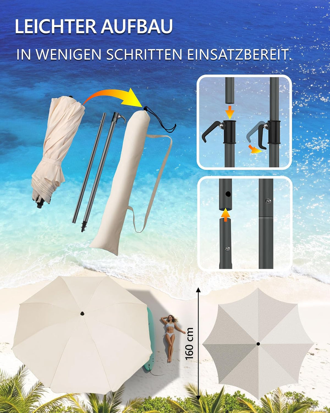 4smile Sonnenschirm Strand Ø 160 cm - UPF 50+ Praktischer Reise Sonnenschirm für Koffer - Funktionel