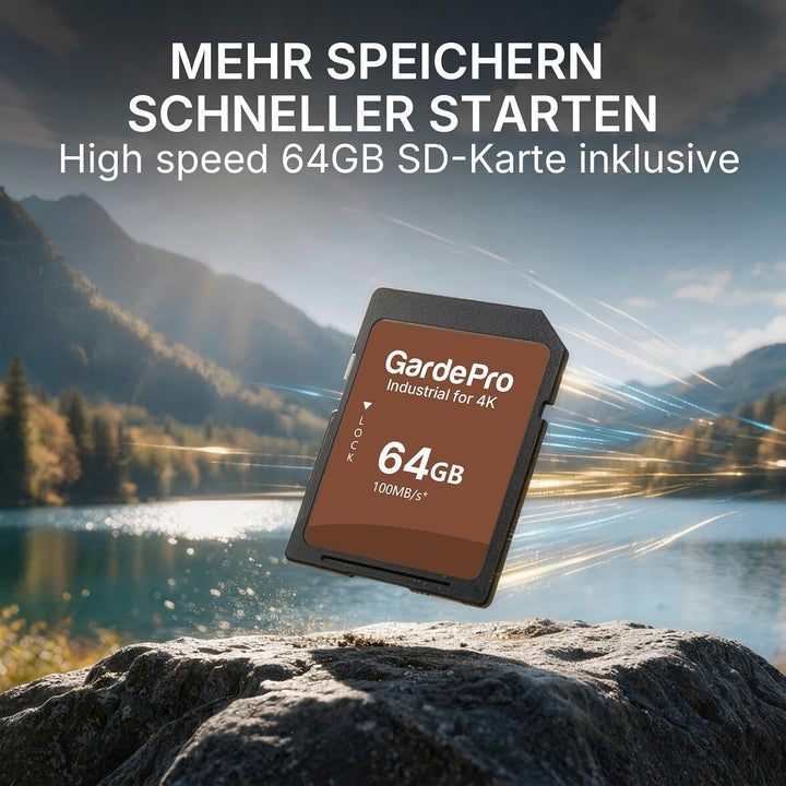 GardePro E8 2.0 Pro Wildkamera Doppelantenne WLAN mit 64GB SD Karte, 64MP H.264 4K Video Wiederaufla