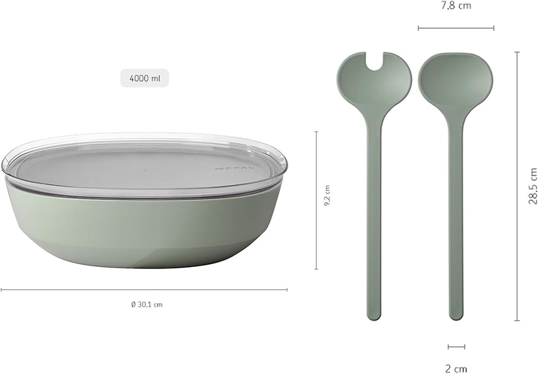 Mepal – Salat-Set Silueta – Servierschale mit Deckel (4000 ml) mit Salatbesteck (28,5 cm) – Outdoor-