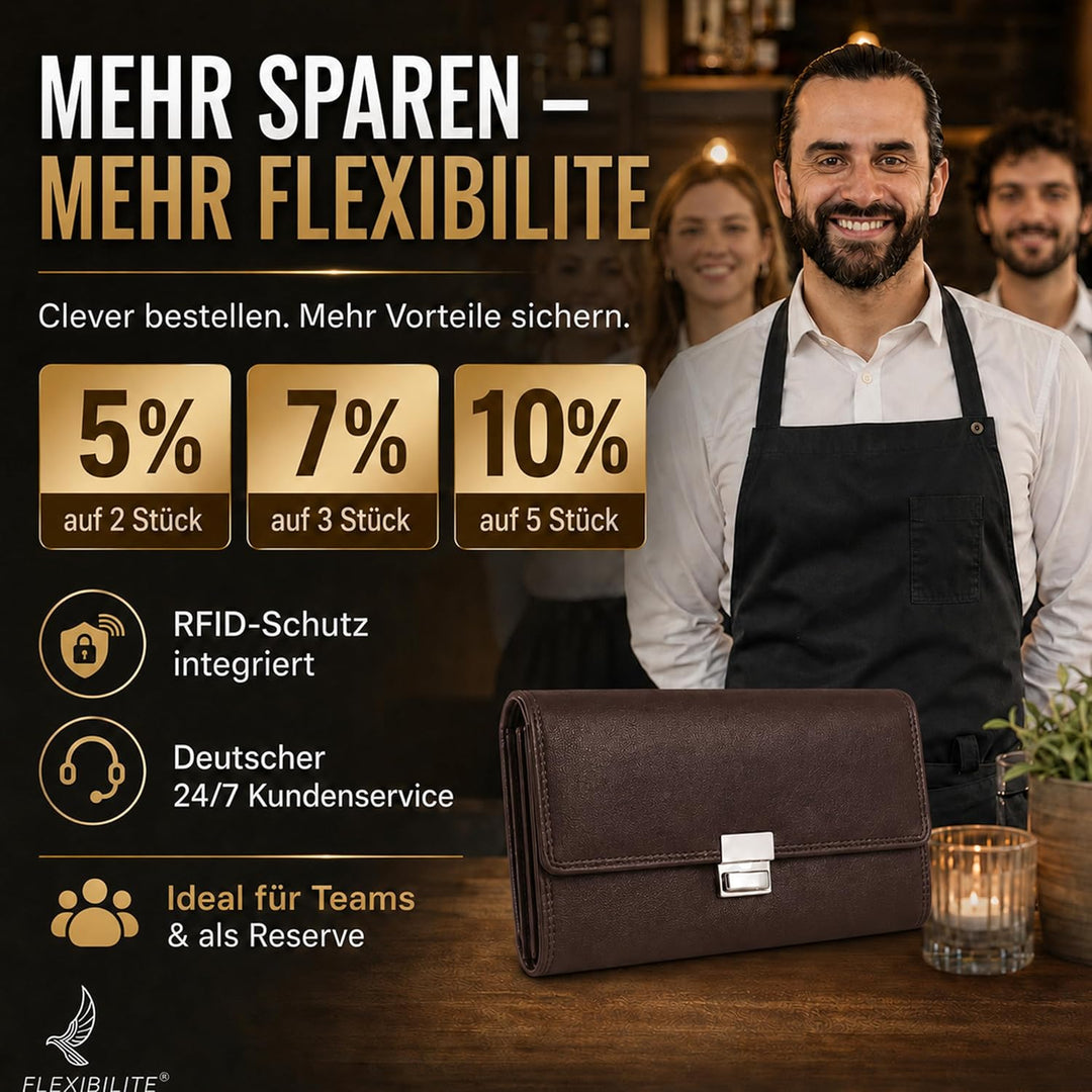 FLEXIBILITE®️Profi Kellner Geldbörse Profi Wasser Büffel [2025] Echt Leder RFID (18,5 x 9,5 x 4,5cm
