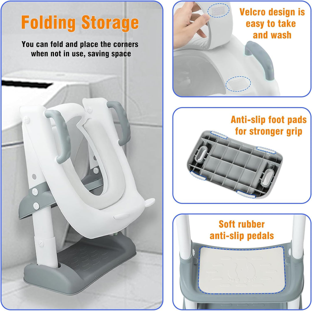 2 in 1 Kinder Toilettensitz mit Treppe & Sicherheitsgriff, Faltbarer Kleinkinder Toilettentrainer, H