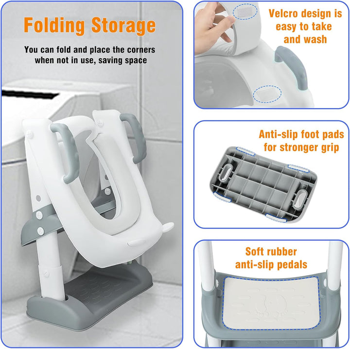 2 in 1 Kinder Toilettensitz mit Treppe & Sicherheitsgriff, Faltbarer Kleinkinder Toilettentrainer, H