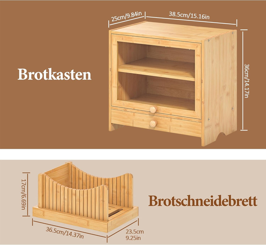 2 Stöckiger Brotkasten mit Schneidebrett, 38.5x36x25cm Natürlicher Bambus Brotbox mit Fenster für Kü