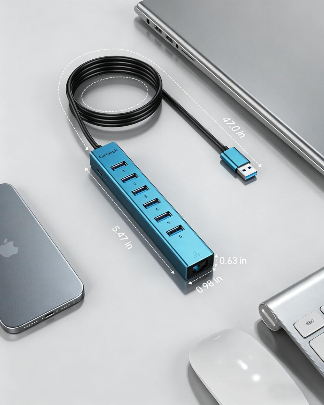 120cm USB auf Ethernet Adapter mit 6-Port USB 3.0 Hub, RJ45 Gigabit Netzwerkadapter, Typ-C 5V Input,